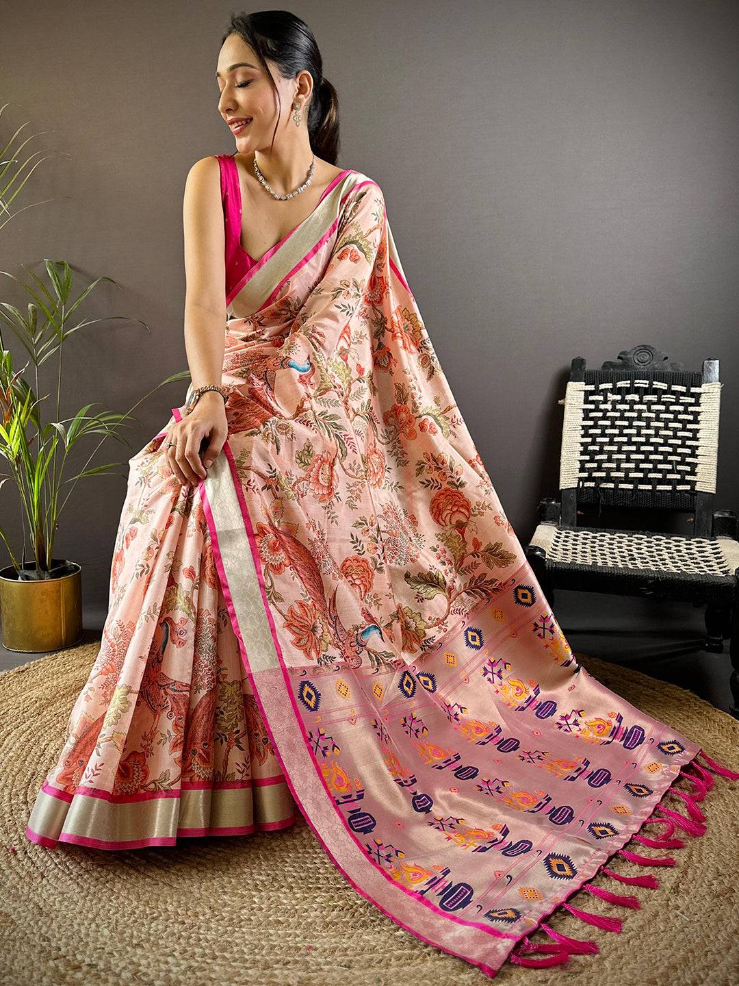 Peach Radiance Phulkari Silk Saree