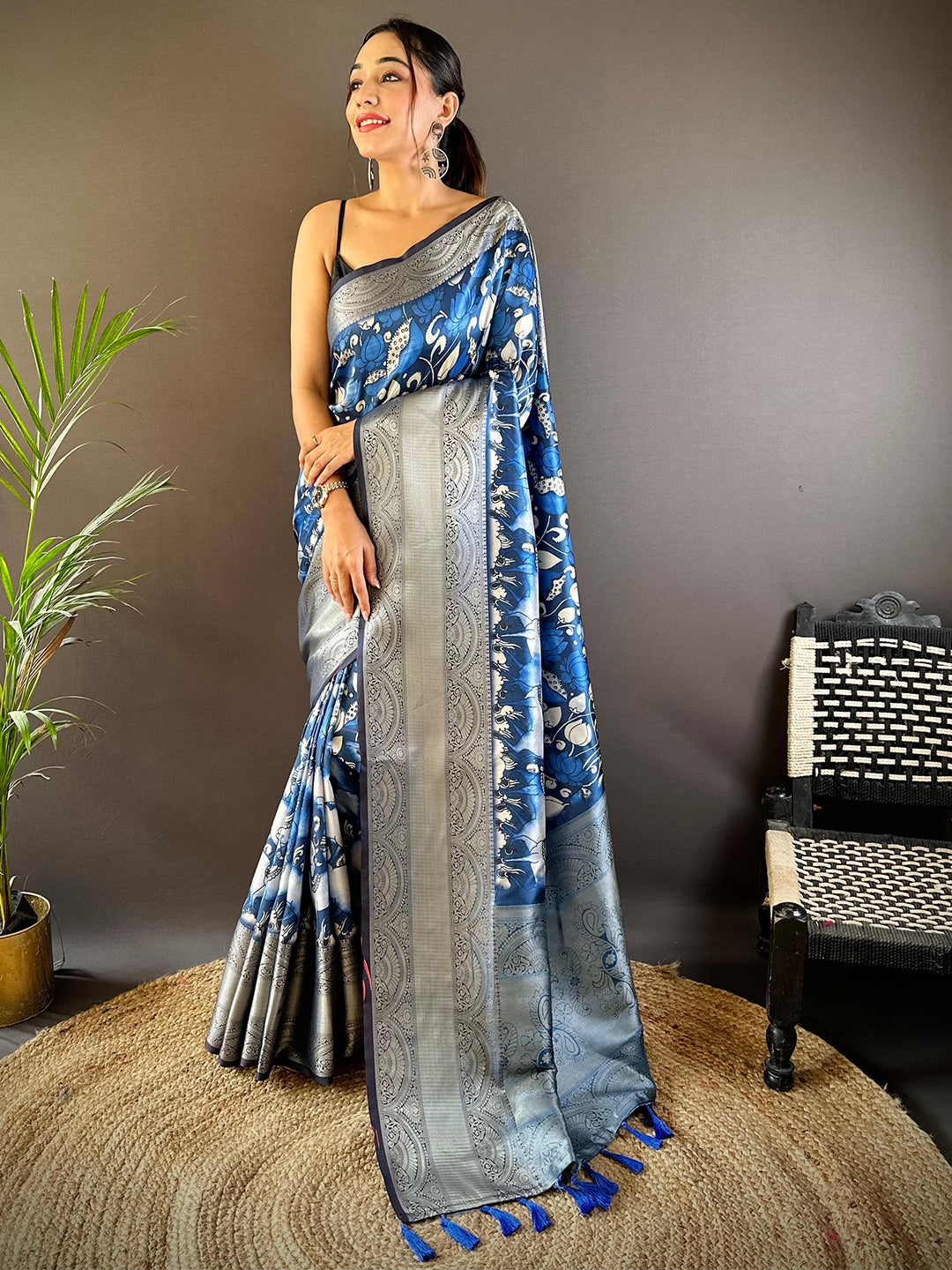 Blue Orchid Soft Silk Kalamkari Saree