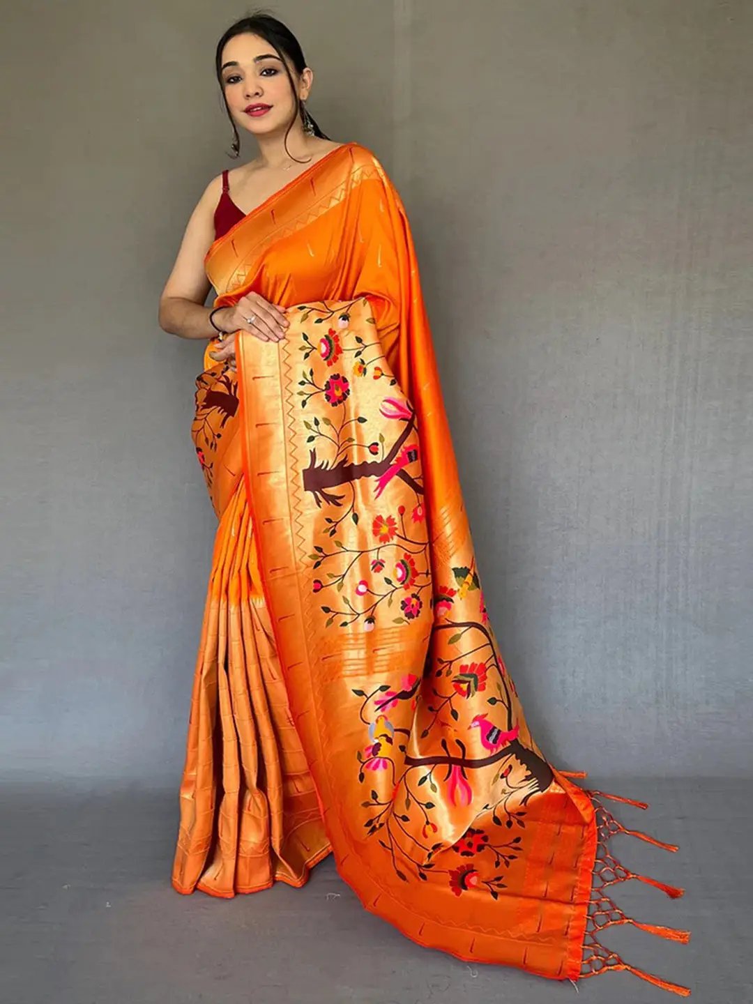 Orange Paithani saree with big border and zari weave