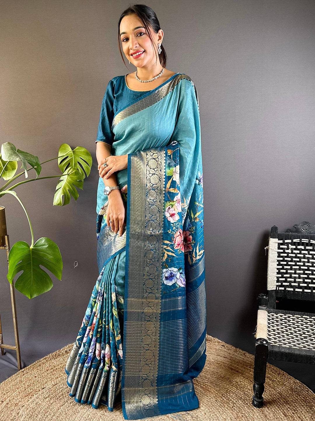 Blue Floral Zari Chex Saree