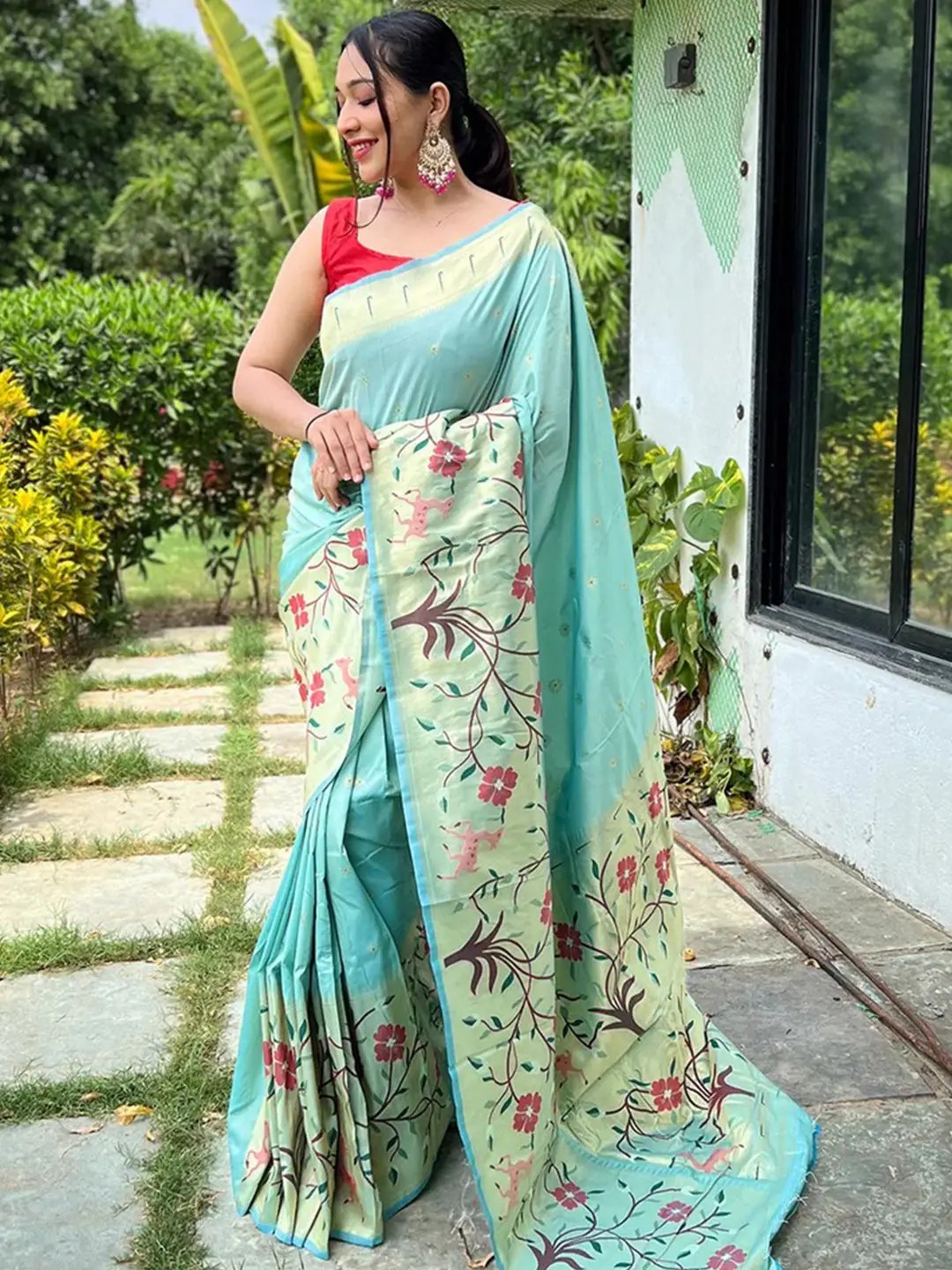 Aqua Colour Paithani Big Border Woven Saree