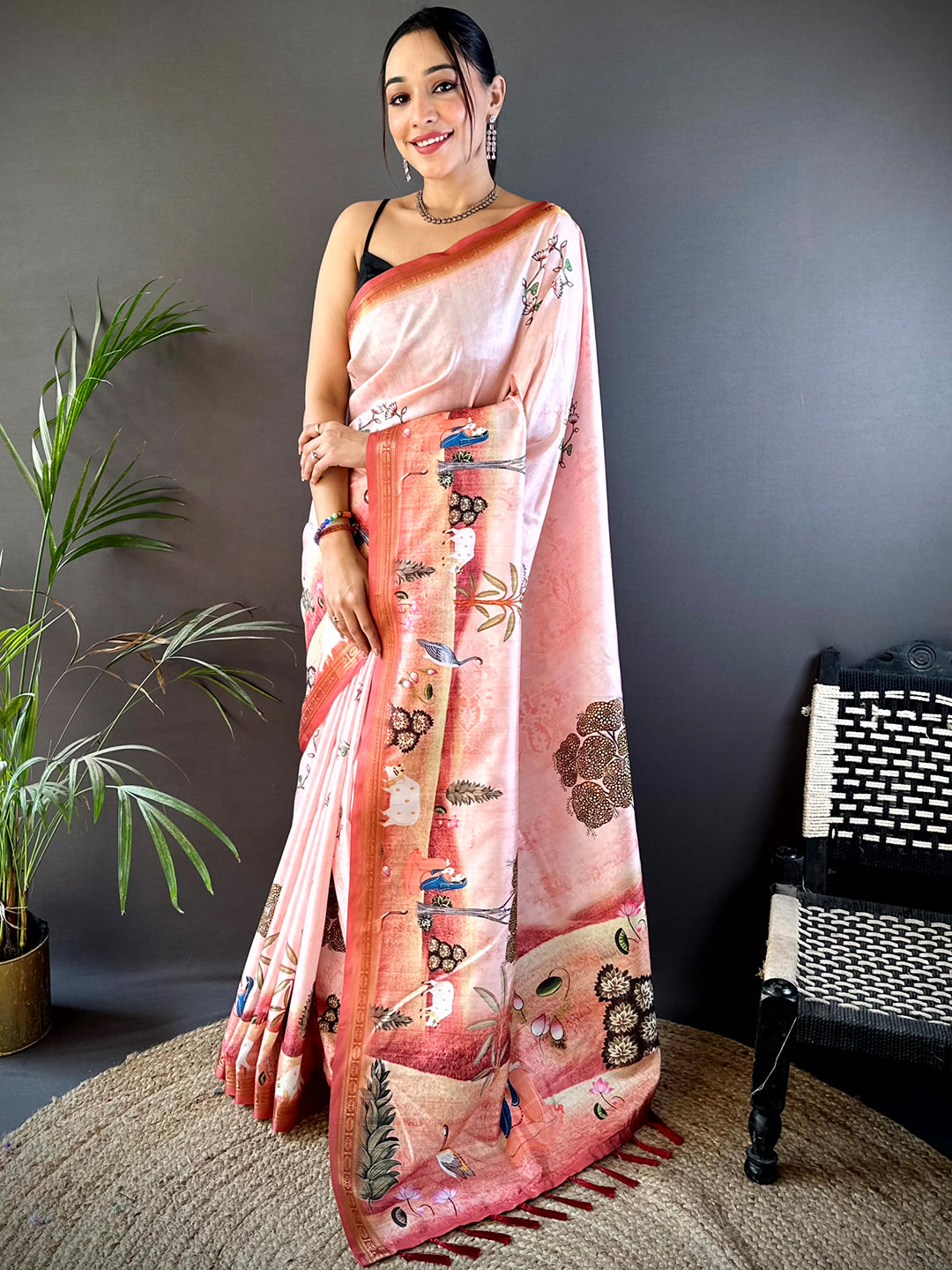 Baby Pink Jungle Printed Silk Saree