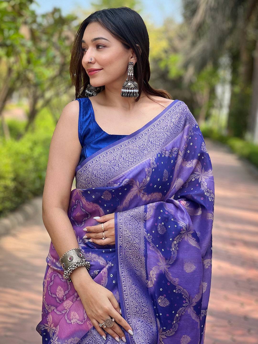 Purple Digital Block Placement Print Saree