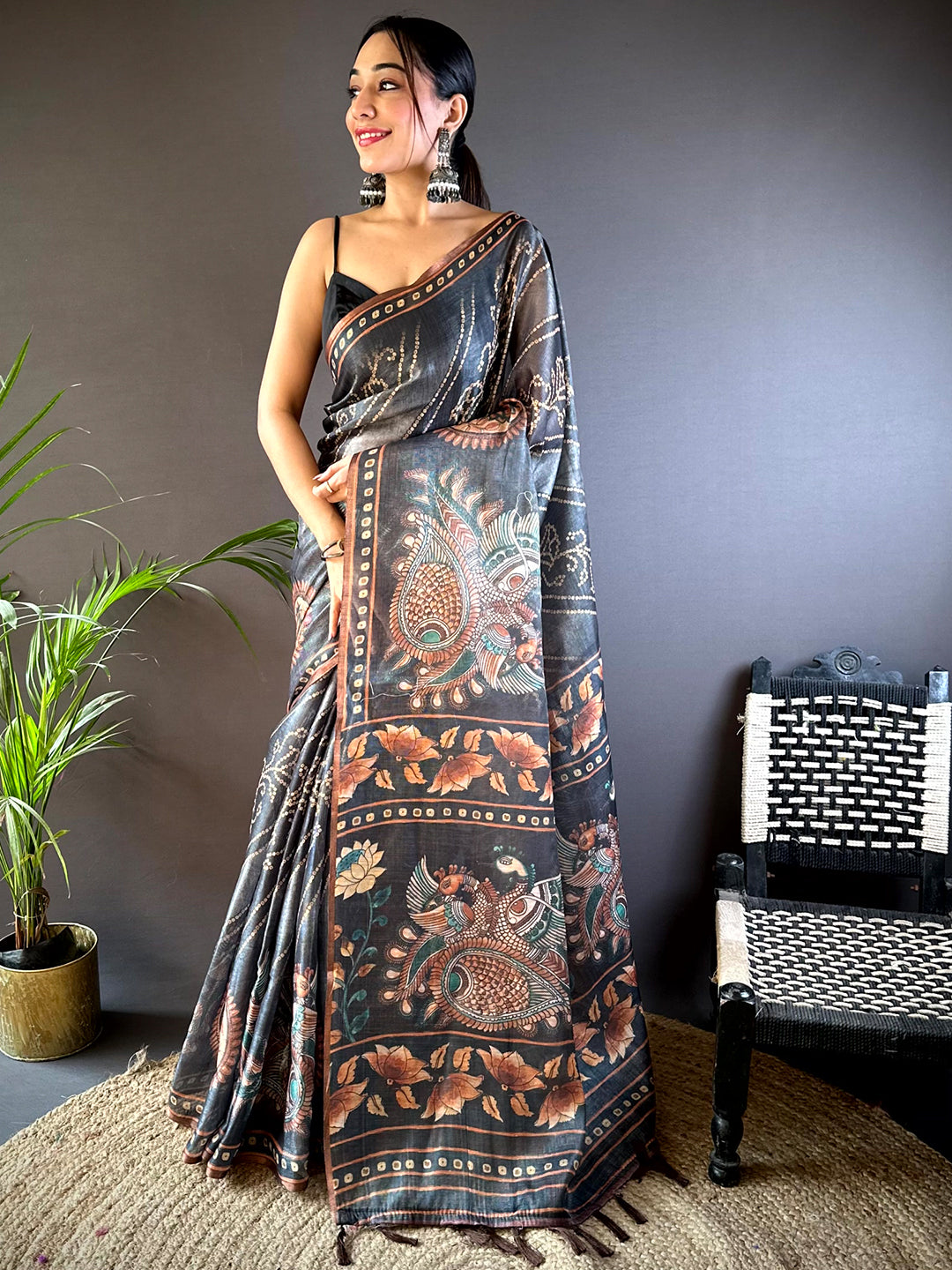 Grey Chanderi Bandhej Digital Print Saree