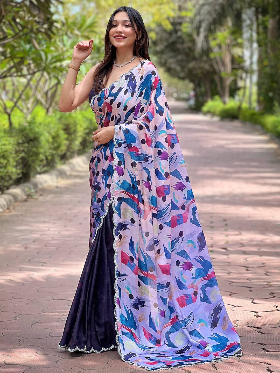 Navy Batik And Polka Dots Print Saree