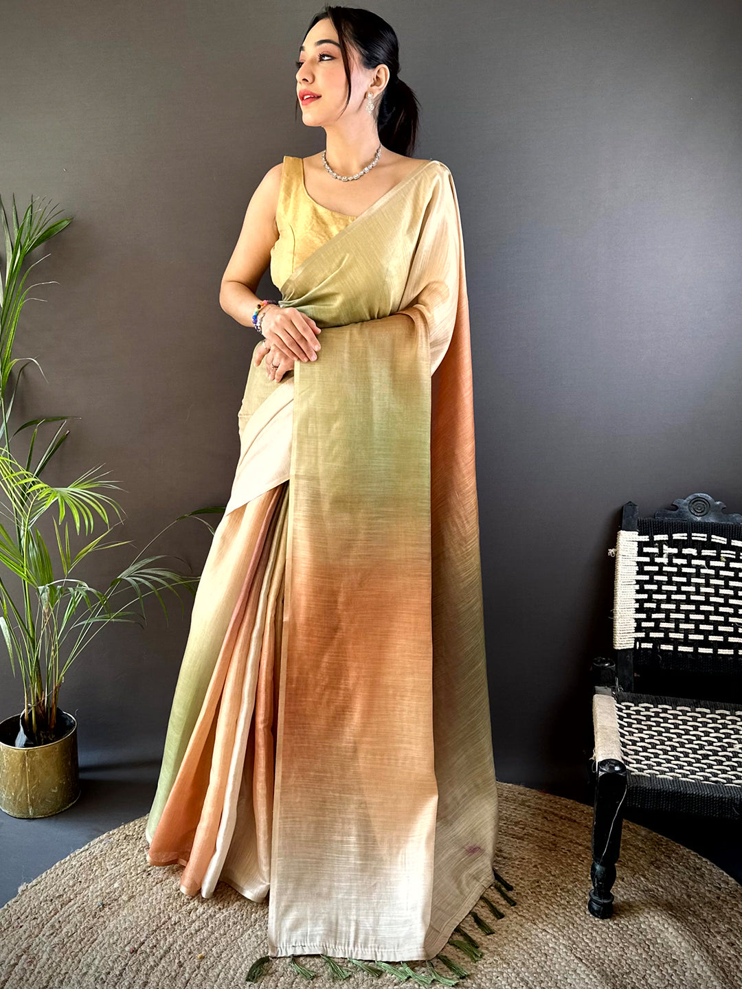 Beige Ombre Chanderi Tissue Saree