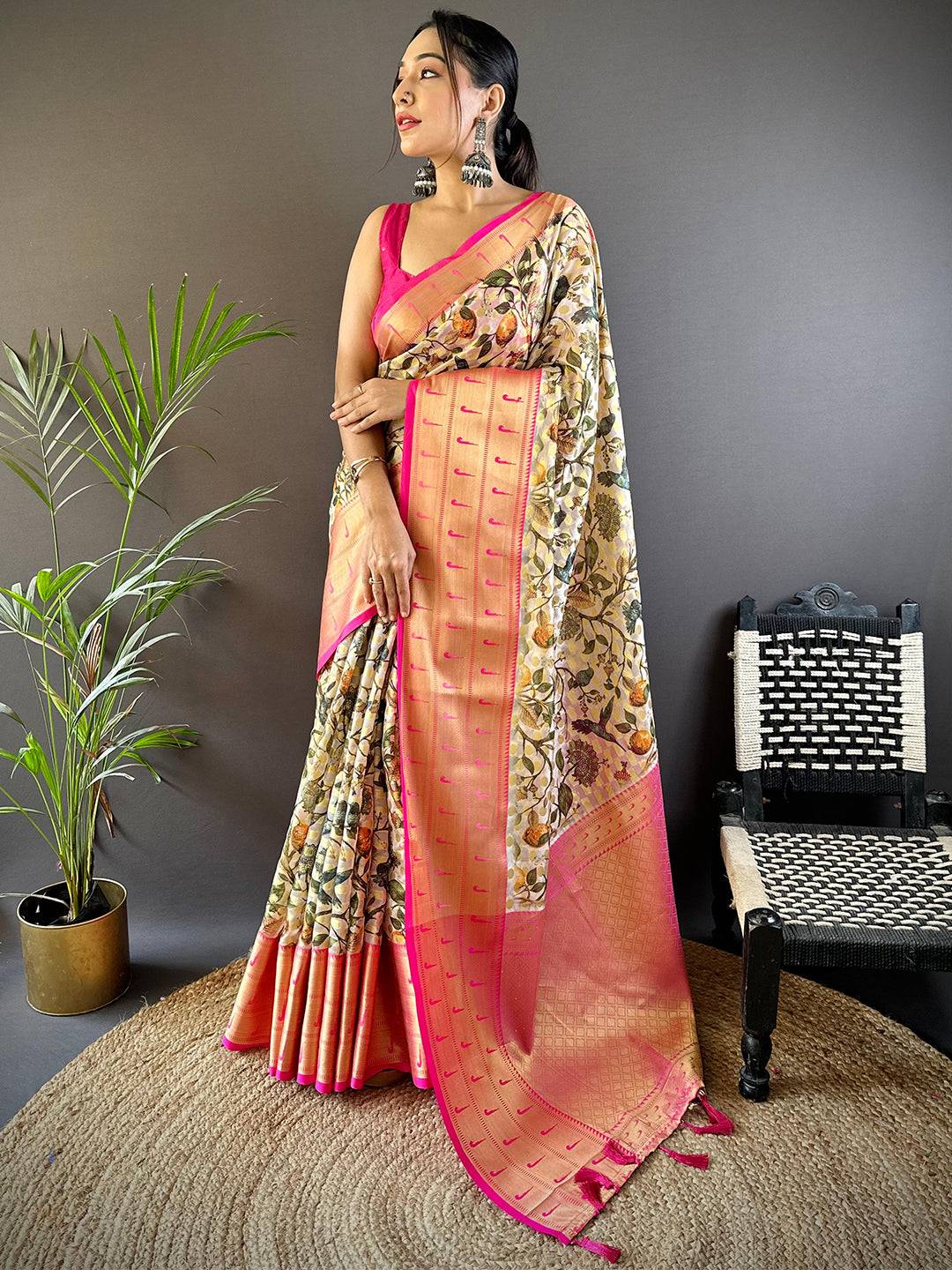 Off White Paithani Kora Silk Saree