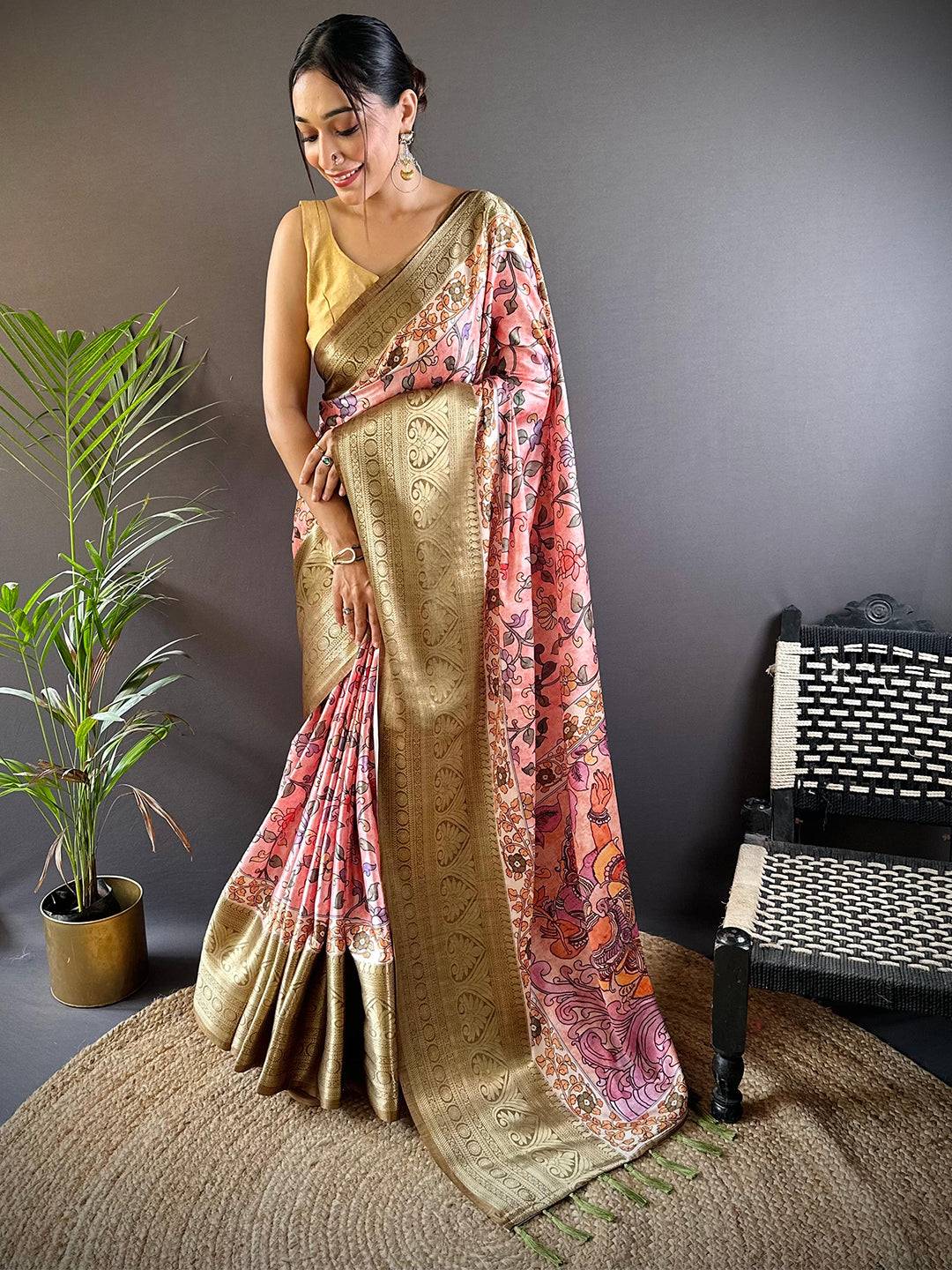 Peach Floral Kalamkari Print Saree