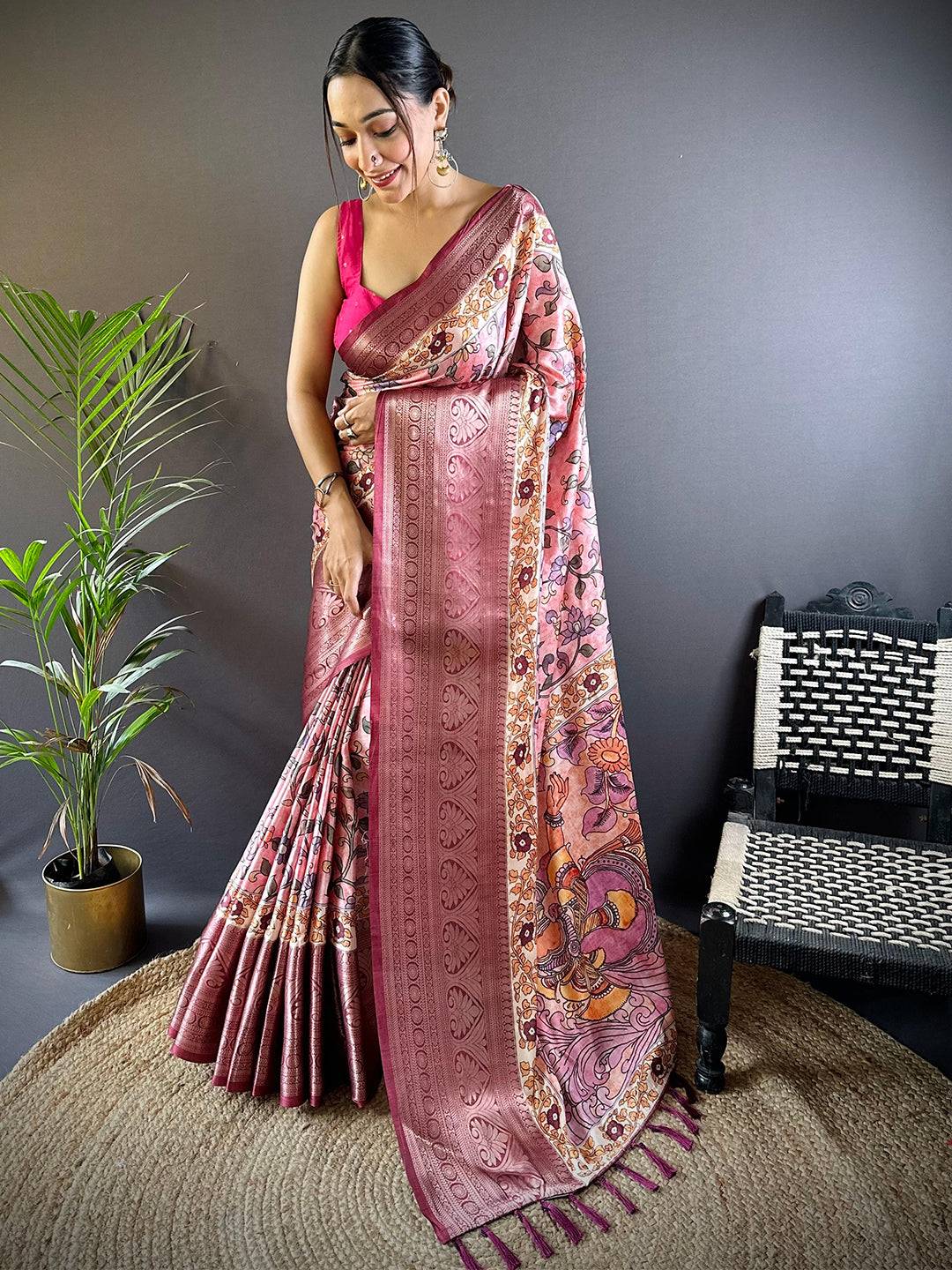 Rose Pink Floral Kalamkari Print Saree