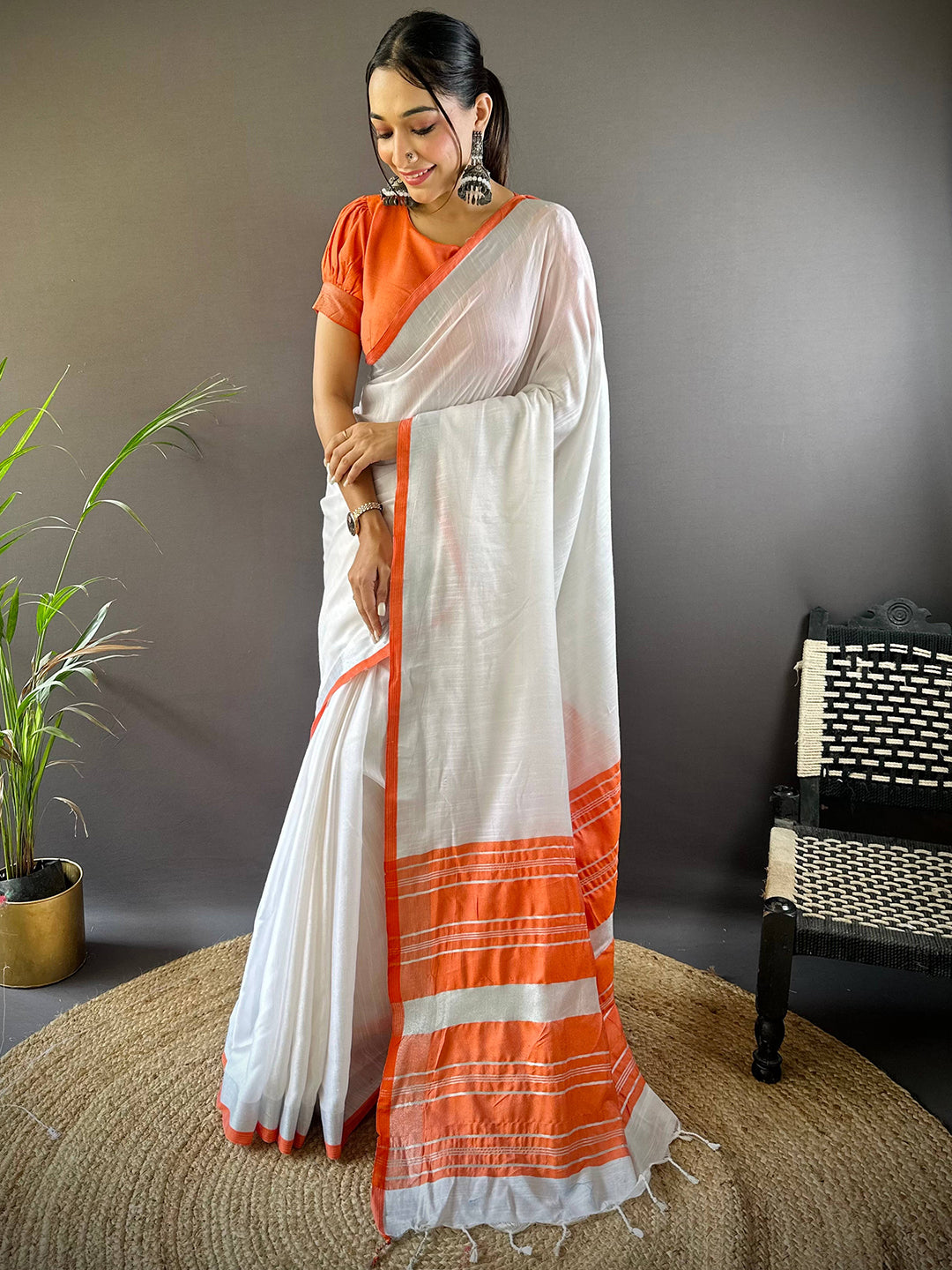 Bhagalpuri Linen Saree With Orange Small Patti