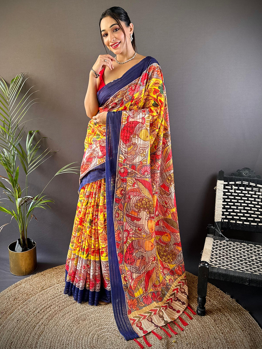 Sunshine Yellow Pen Kalamkari Linen Saree