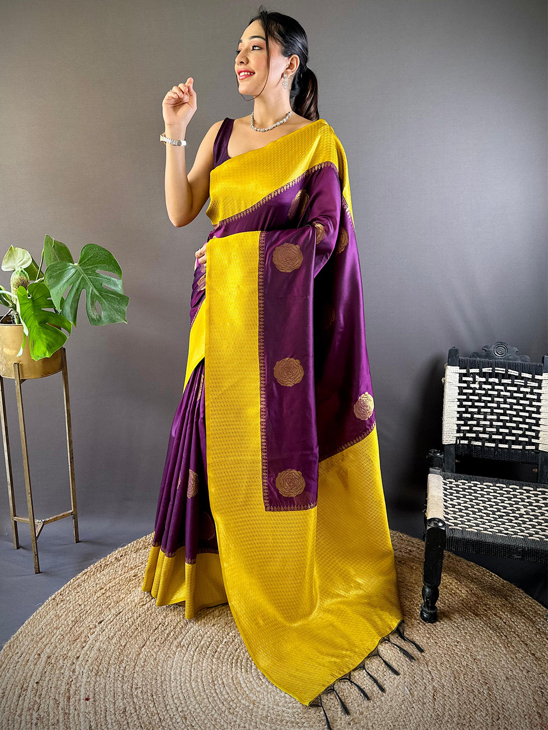 Wine Elegance With Golden Motifs Saree