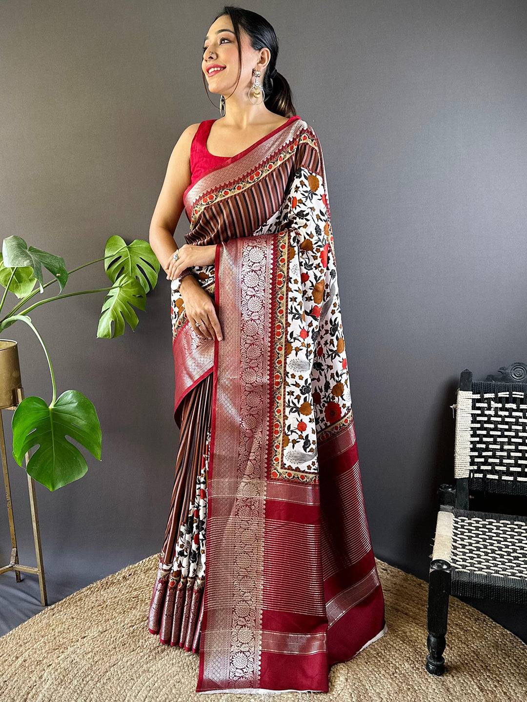 Brown Floral Peacock Fusion Saree