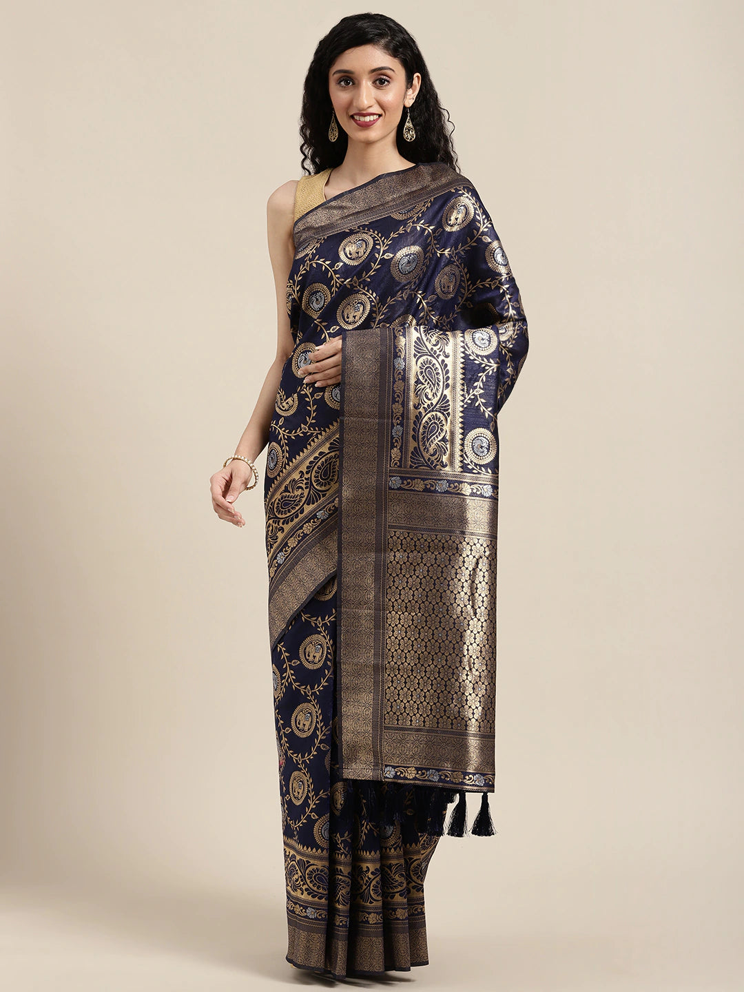  Beautiful Banarasi Navy Colour Silk Saree