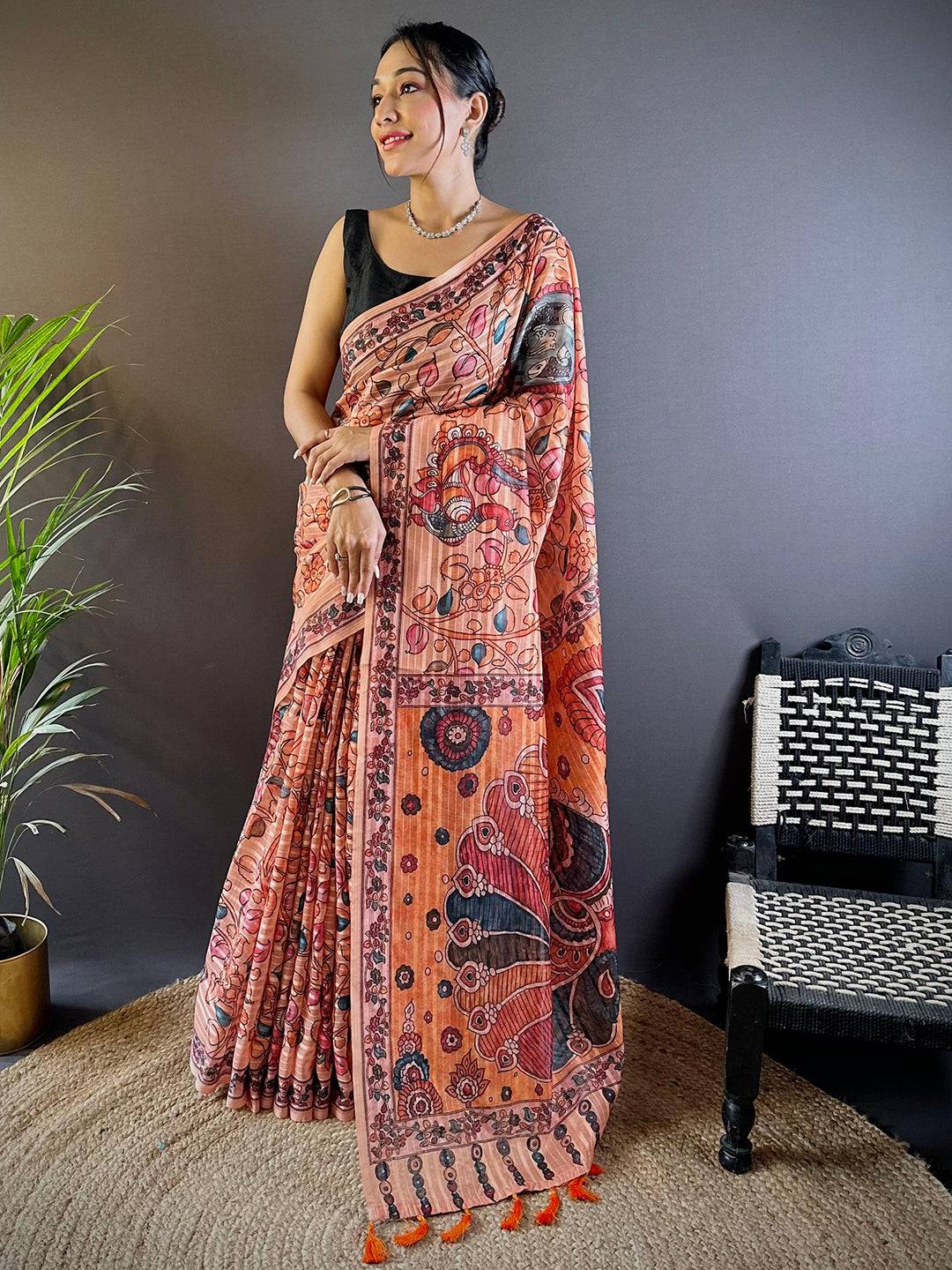 Peach Blossom Kalamkari Saree