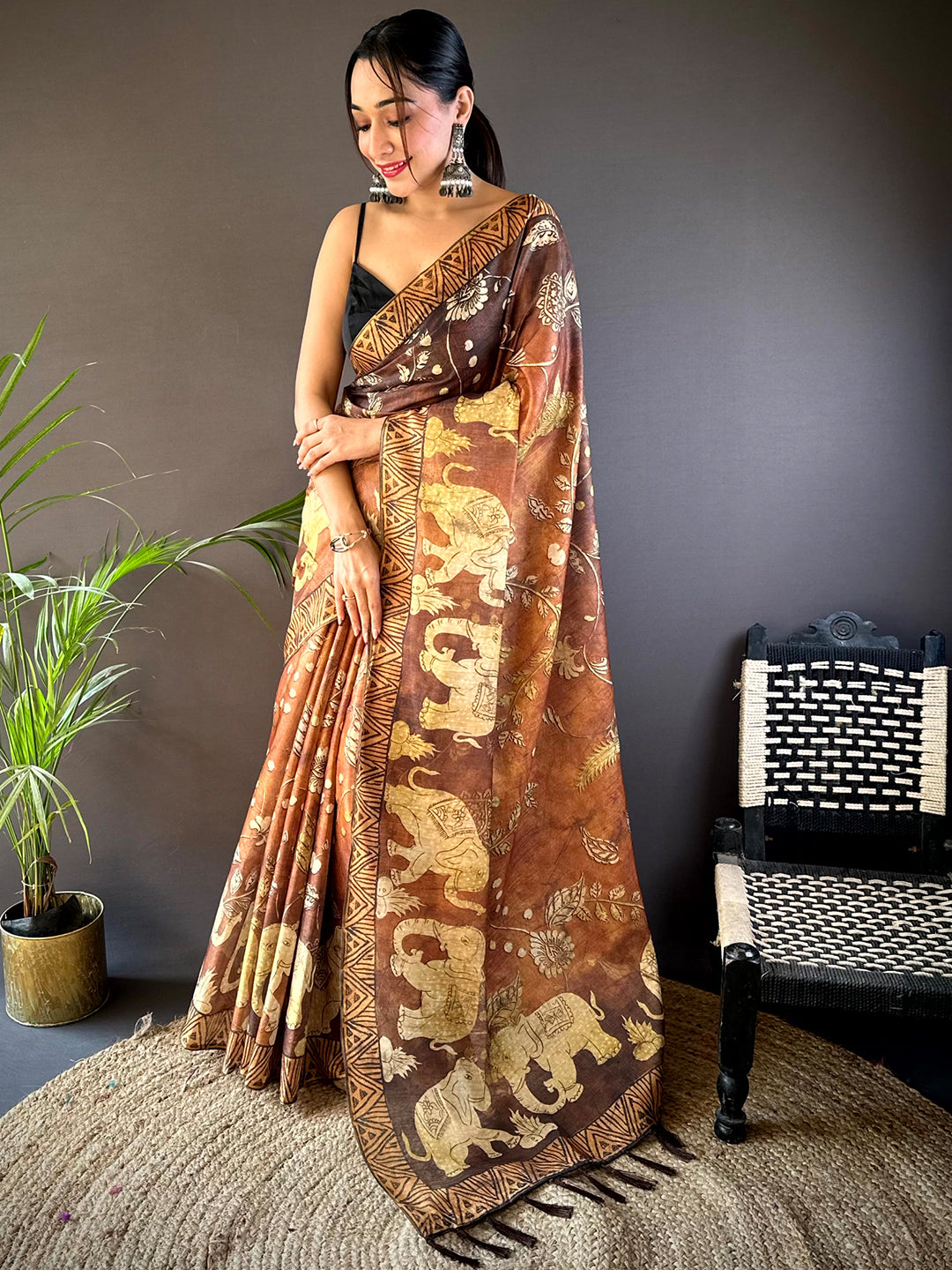 Mustard Kalamkari Block Print Chanderi Saree