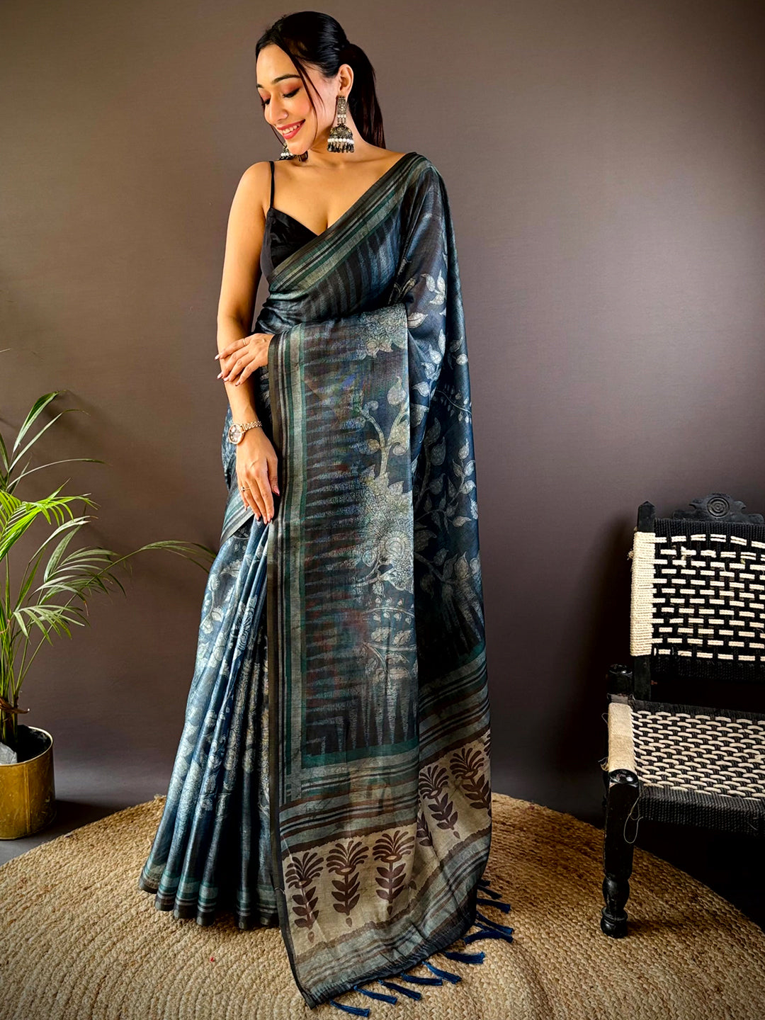 Deep Teal Floral Stripes Tissue Saree