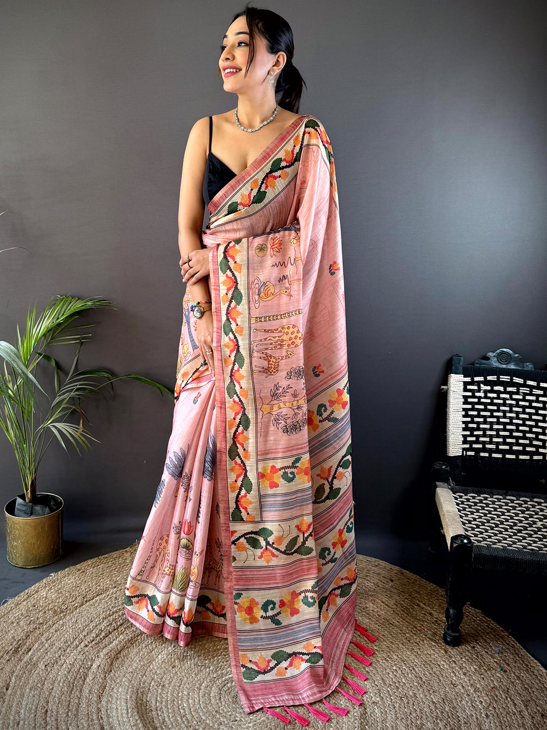 Crepe Pink Jungle Floral Zari Tissue Saree