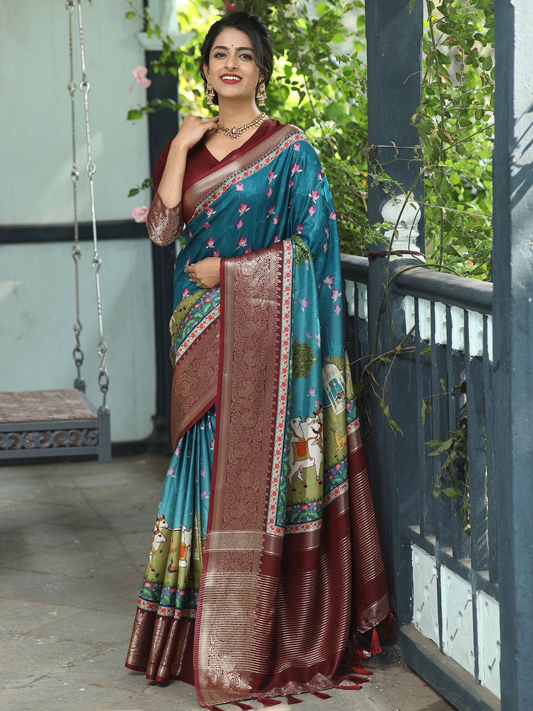 Pichwai Print Zari Weaving Pallu Saree In Blue Colour