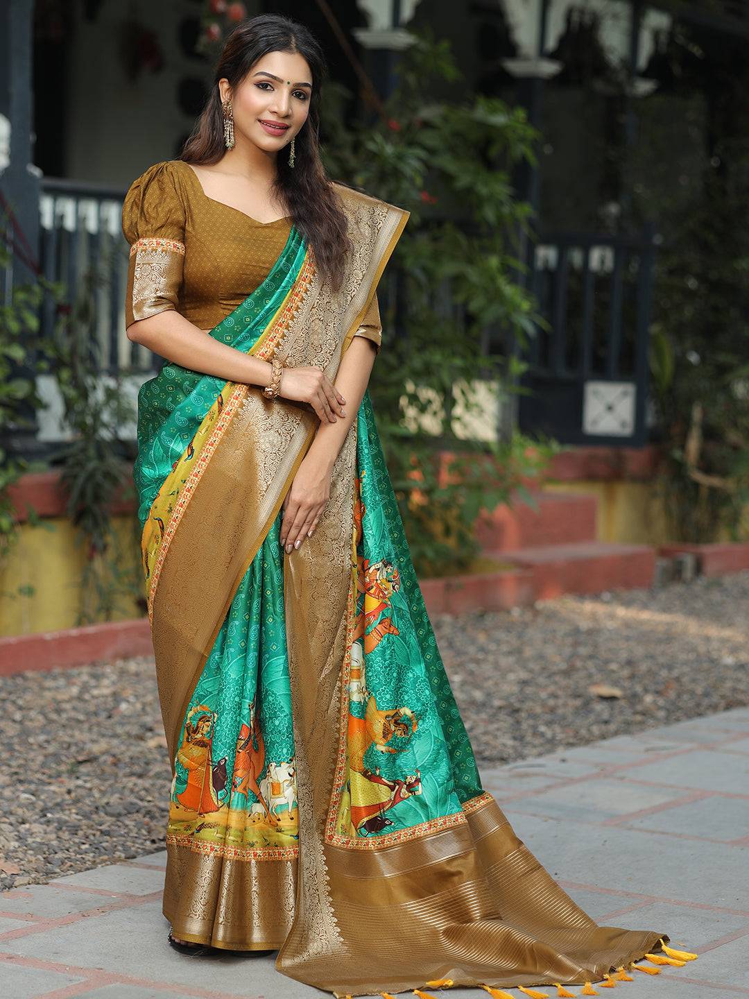 Viscose Dola Silk Turquoise Saree with Floral & Mughal Print