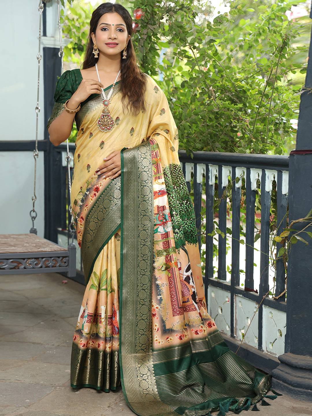 Viscose Dola Silk Yellow Saree with Floral and Mughal Print