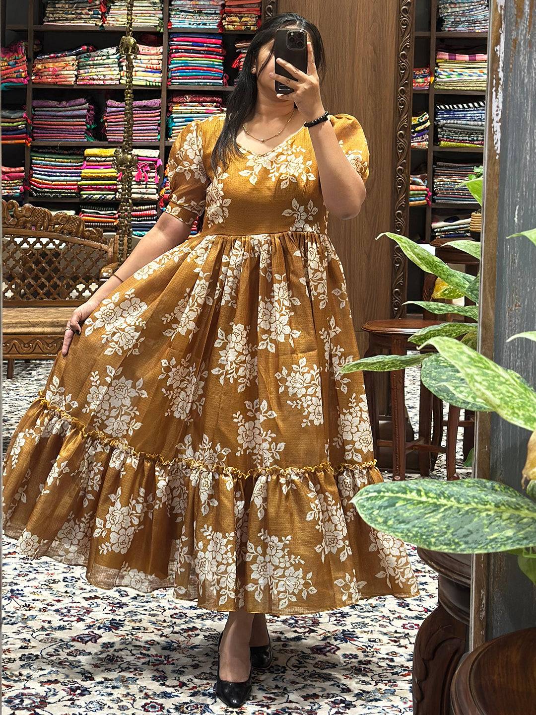 Captivating Honey Yellow Floral Midi Dress in boutique