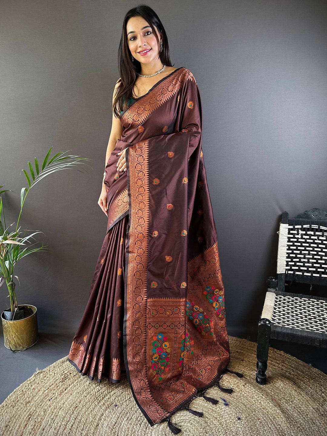 Brown Soft Silk Coppar Zari Weaving Saree