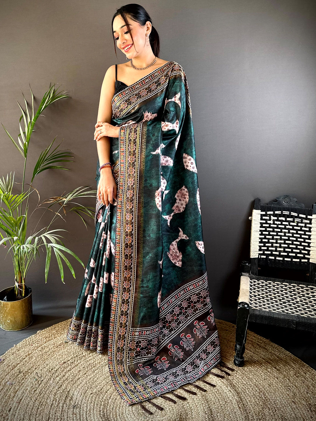 Dark Green Soft Silk Fish Kalamkari Saree