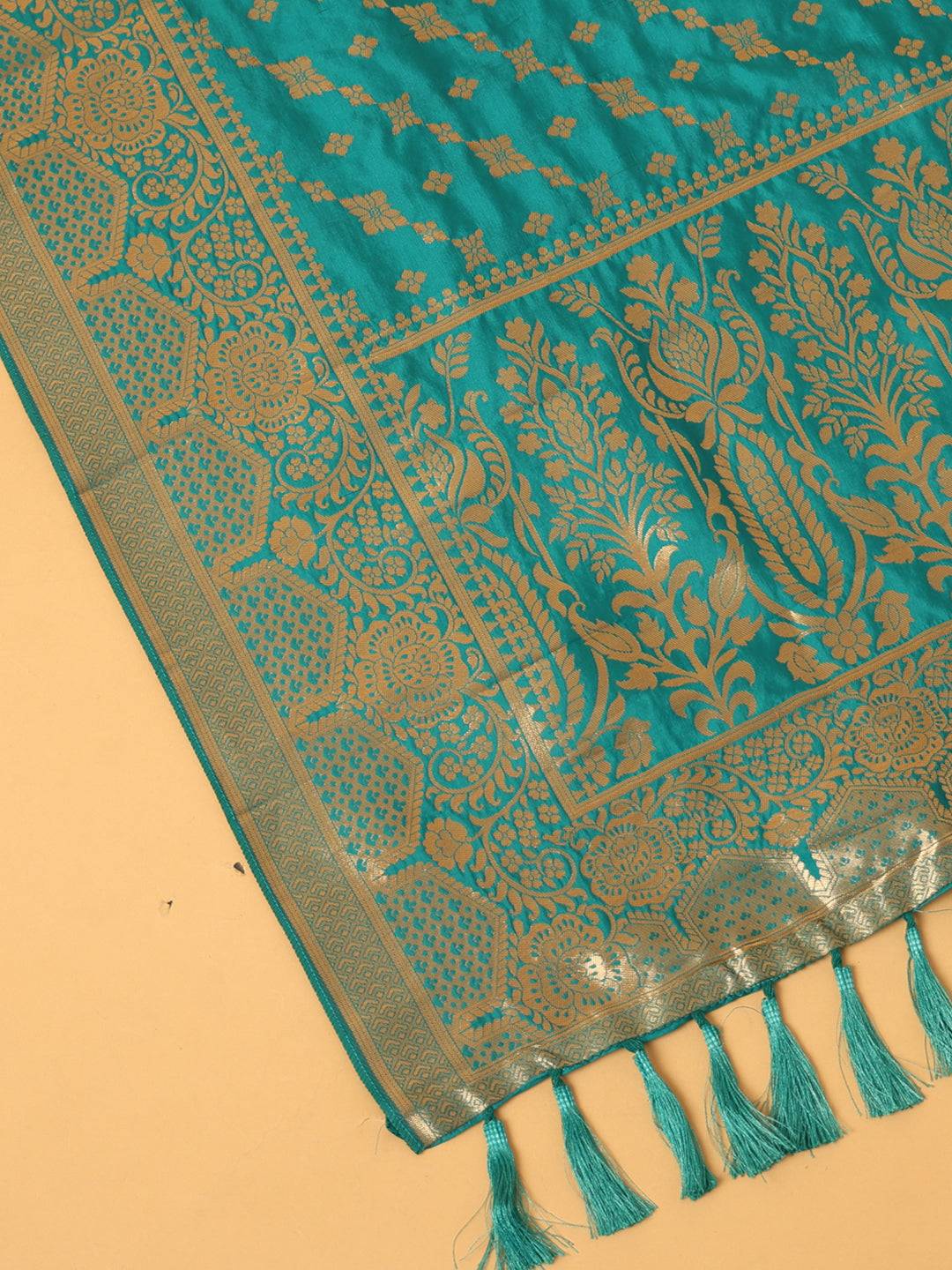 Close-up of turquoise woven design silk blend dupatta