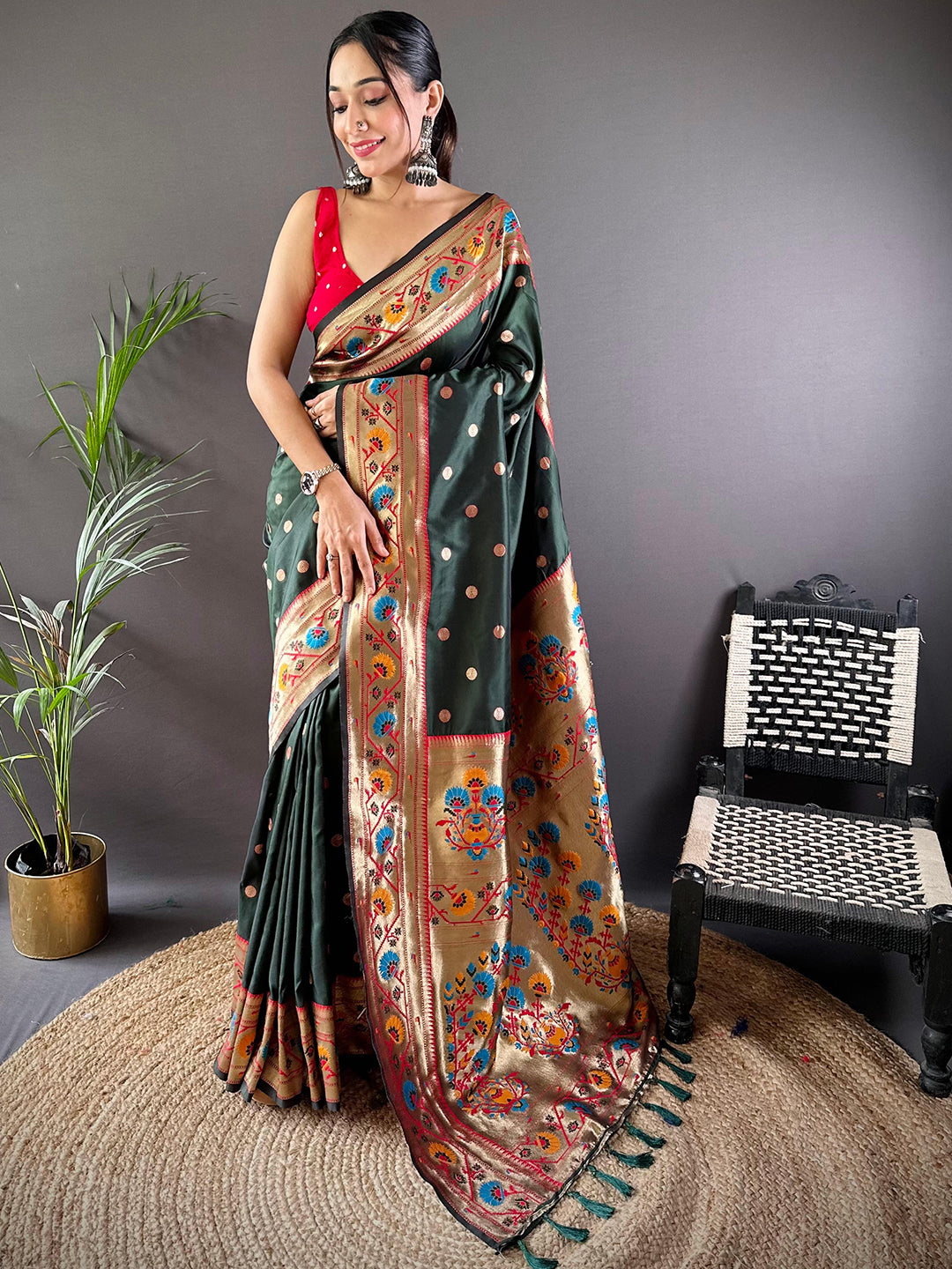 Dark Green Colour Yevla Paithani Soft Silk Saree