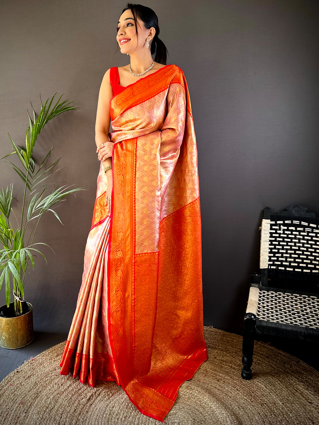 Red Golden Geometrics With Floral Elegance Saree