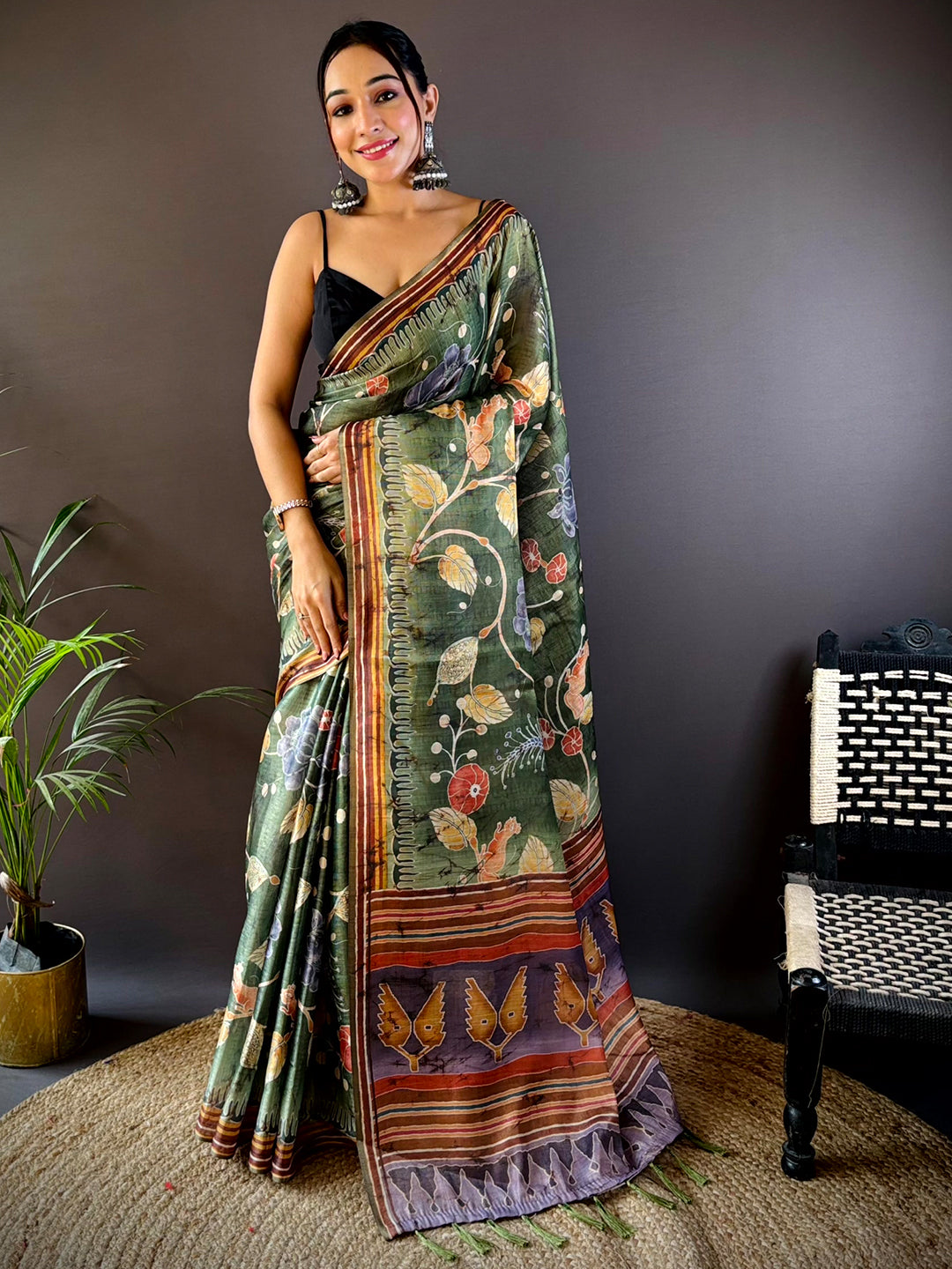 Dark Green Tissue Chanderi Kalamkari Saree