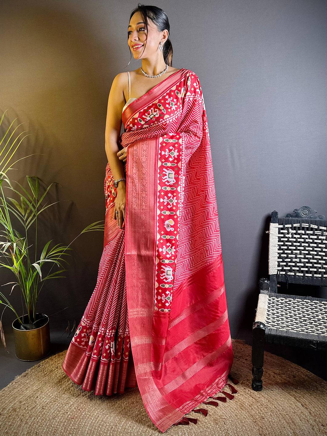 Rose Red Zig Zag Kalamkari Kanchi Silk Saree