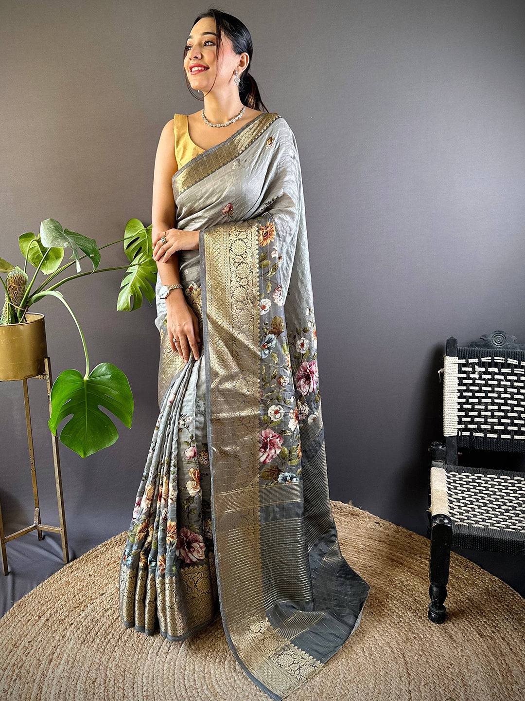 Grey Floral Zari Chex Saree