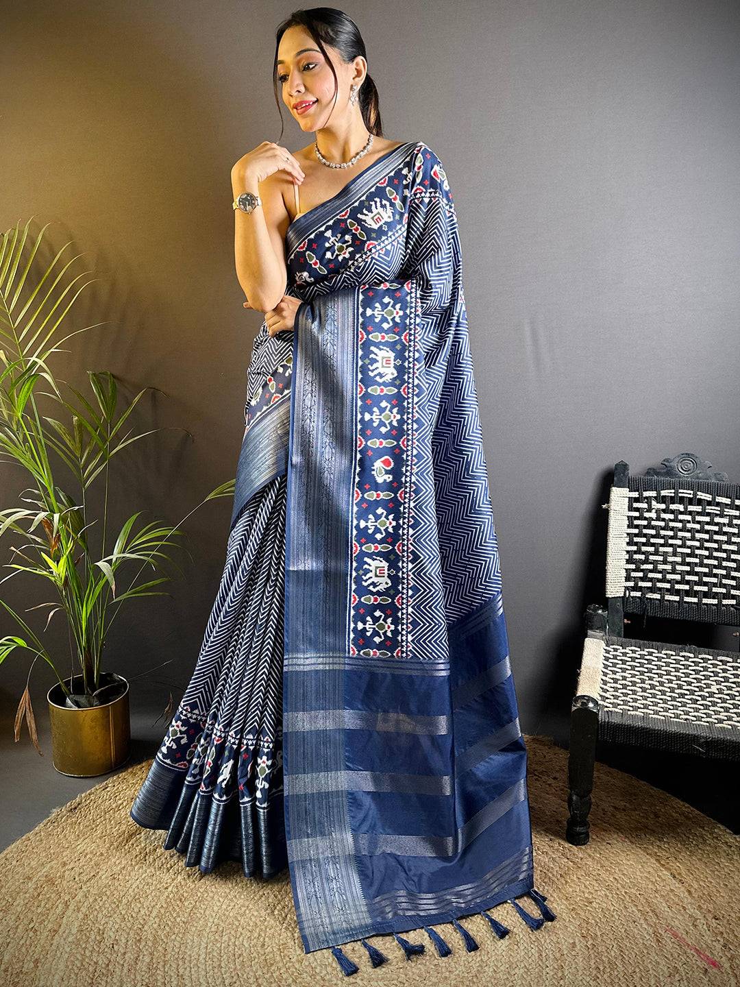 Navy Blue Zig Zag Kalamkari Kanchi Silk Saree