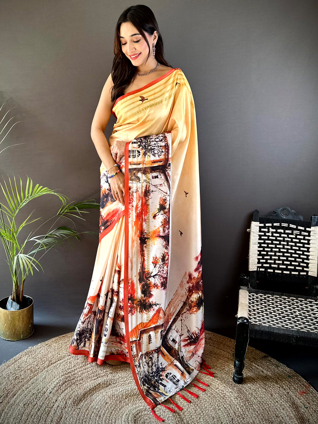 Yellow Japanese Freehand Digital Print Saree