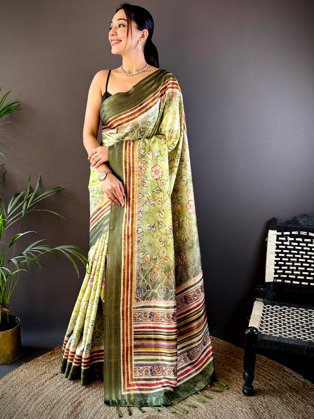 Pista Kalamkari Floral Printed Silk Saree