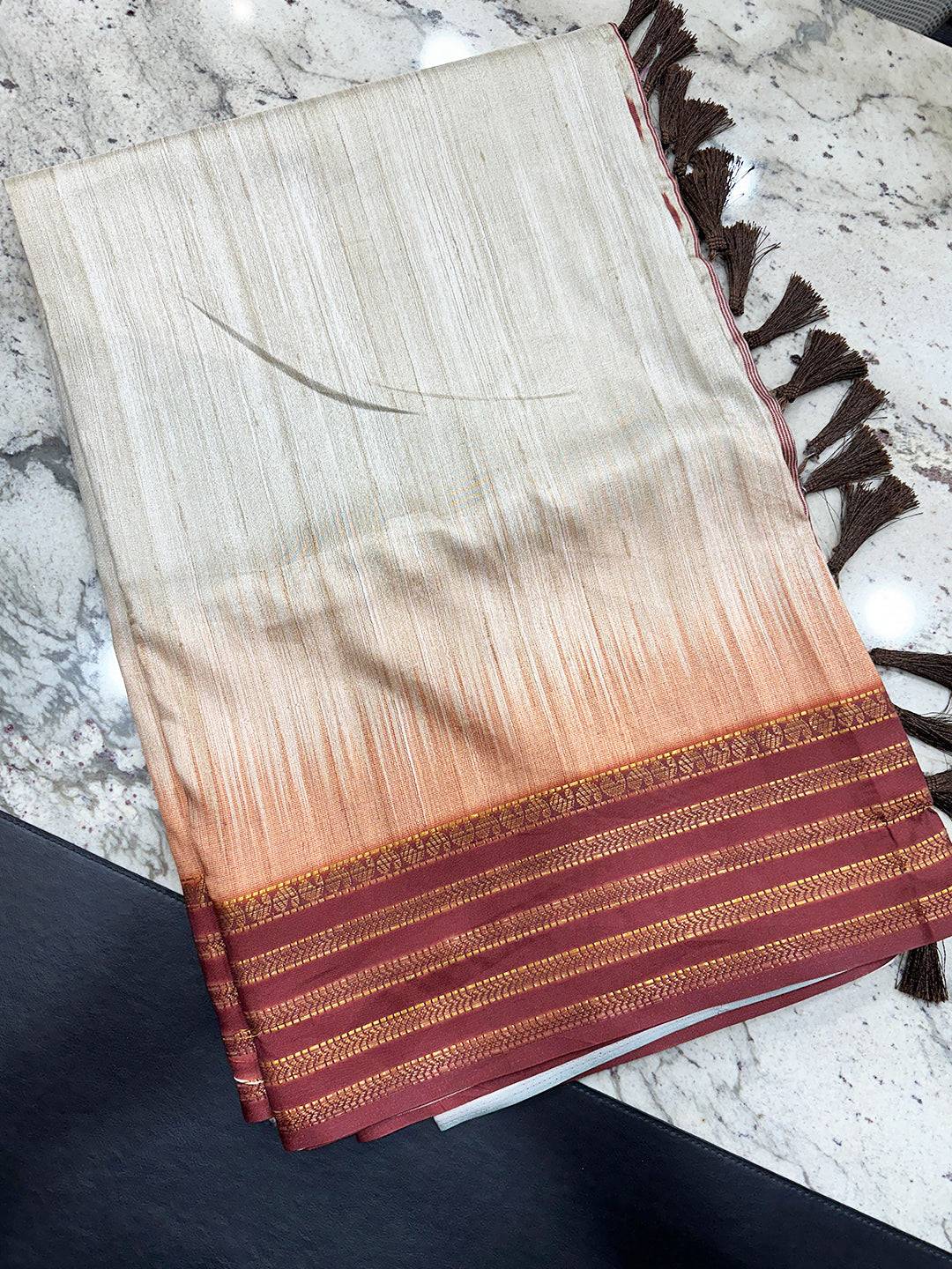 Brown Ikkat Motifs and Paisley Prints on Ghicha Saree