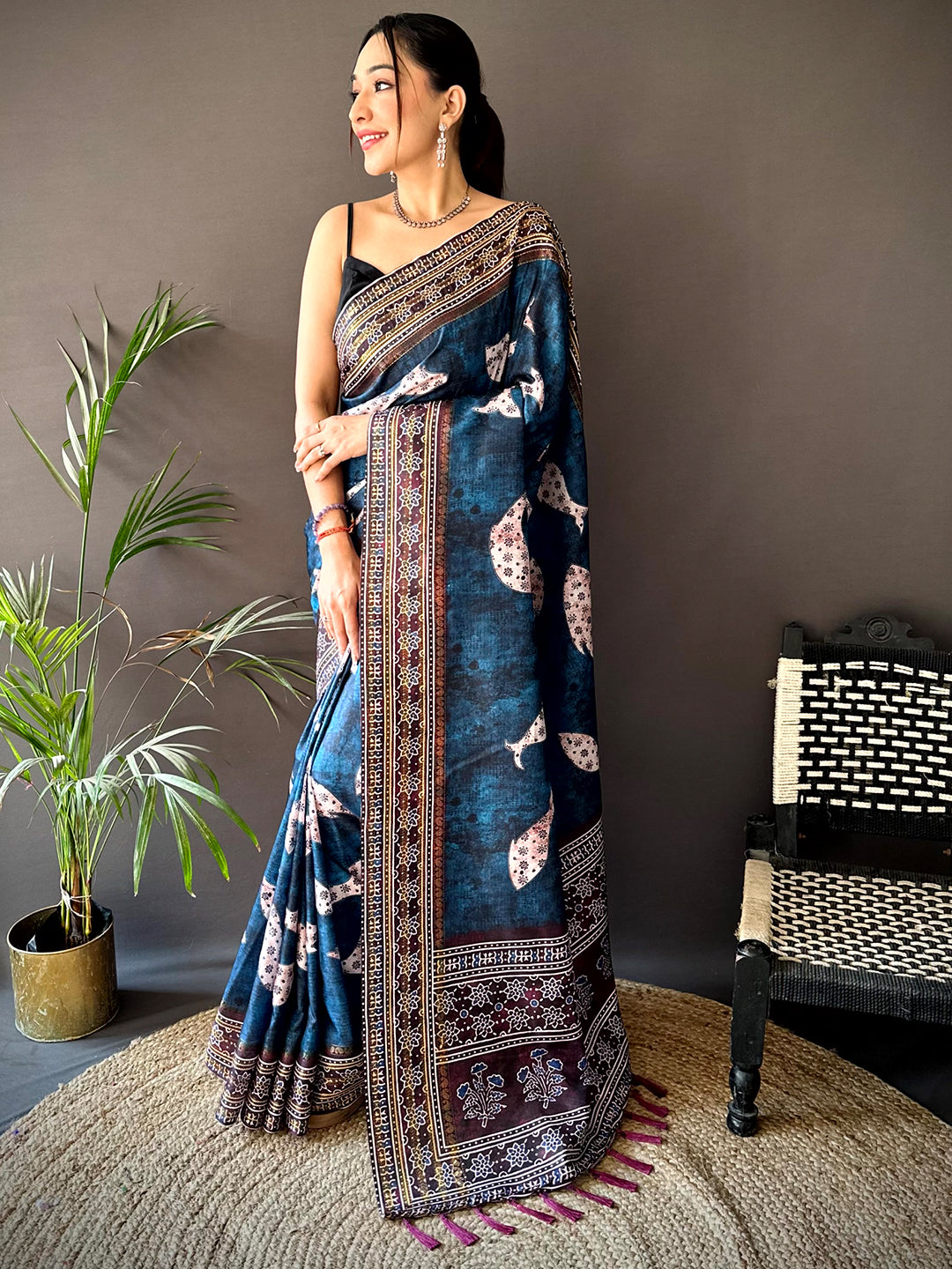 Dark Blue Soft Silk Fish Kalamkari Saree