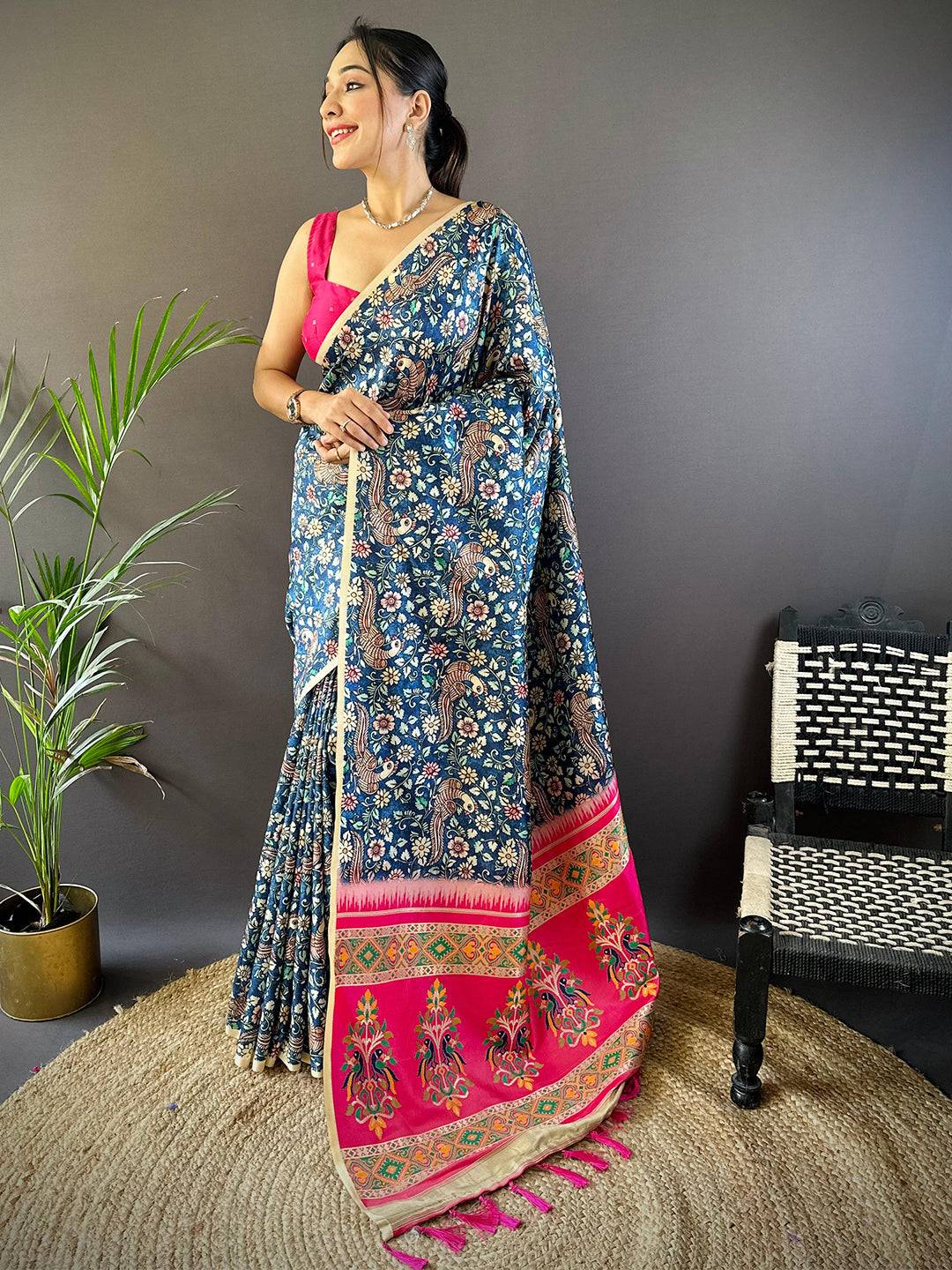 Kalamkari Floral Print Gamthi Soft Silk Saree