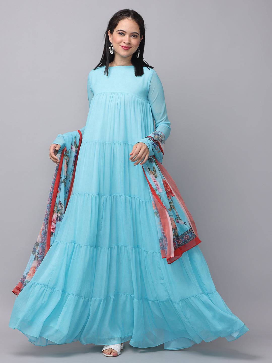 Powder Blue Long Dress With Dupatta