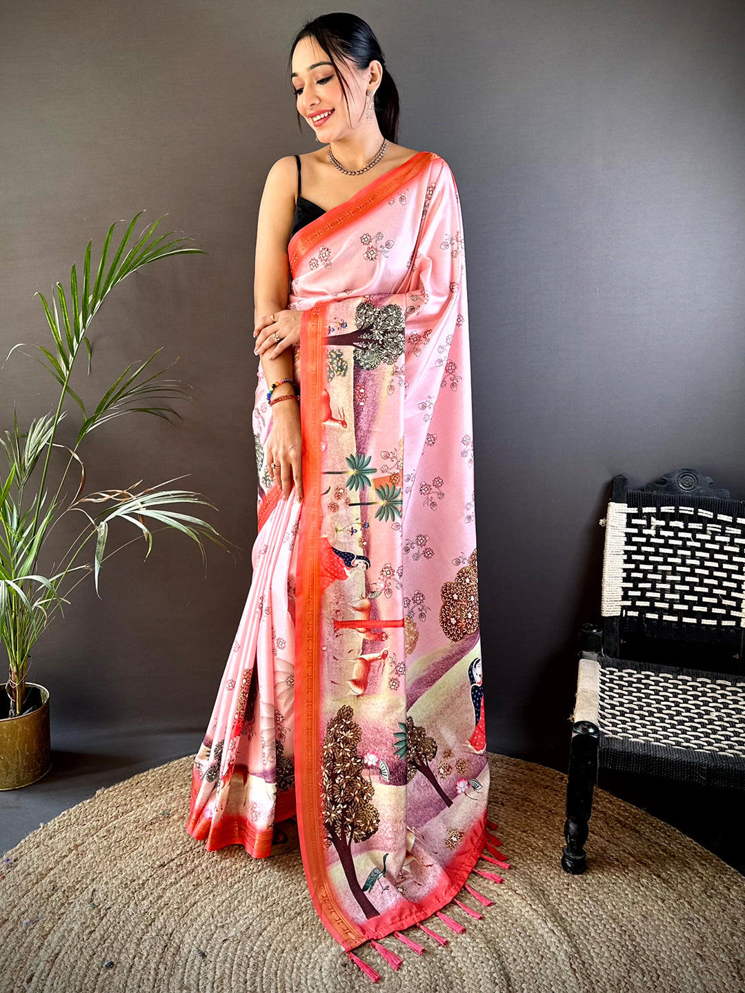 Blush Pink Jungle Printed Silk Saree