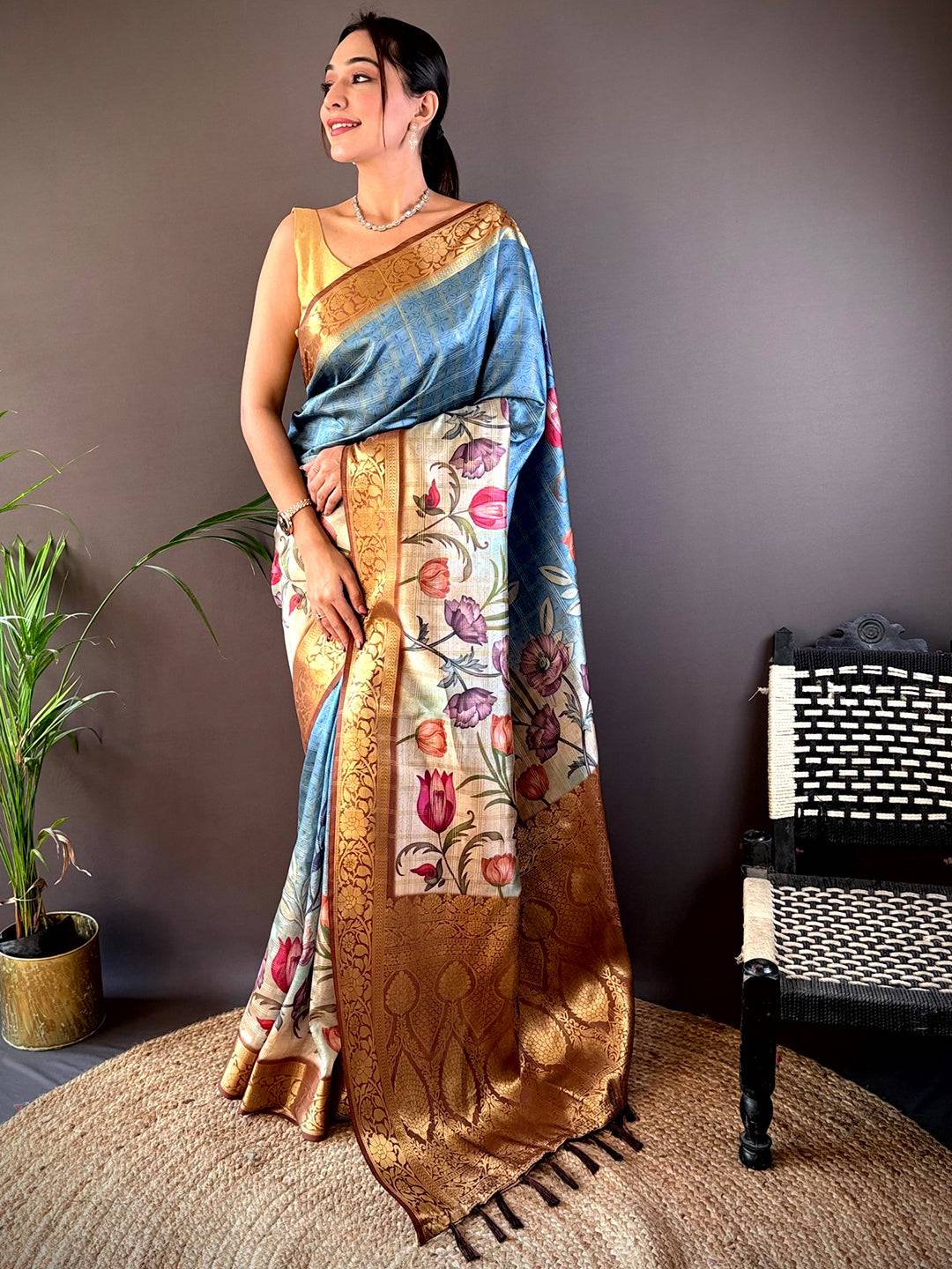 Sky Blue Ombre Floral Digital Print Saree