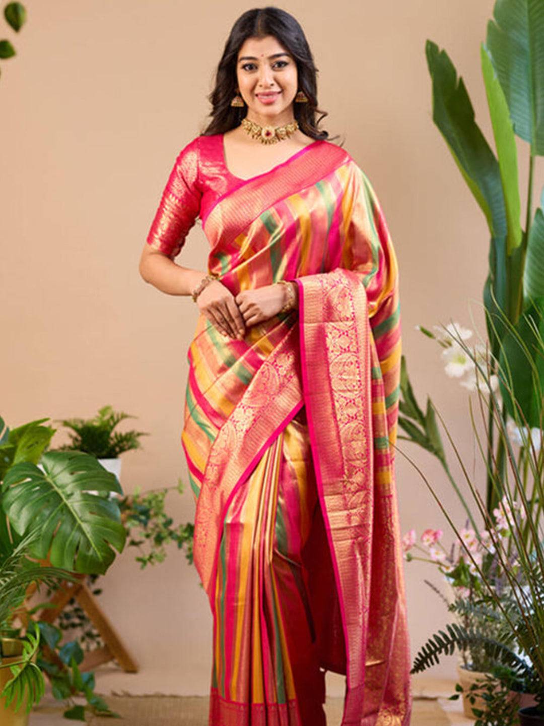 Radiant Pink-Gold Stripe Saree