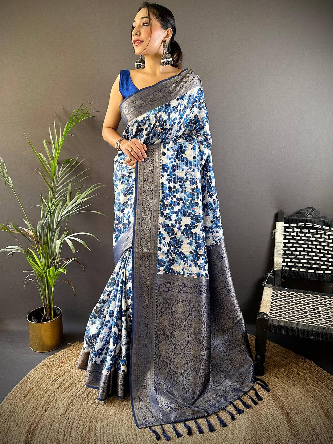 Midnight Bloom Blue Floral Saree