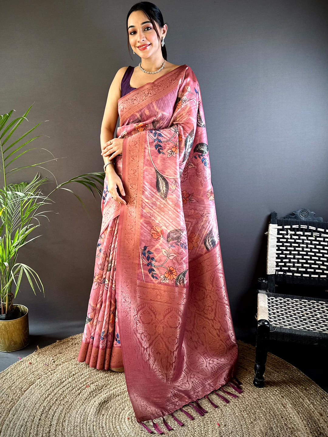 Peach Banarasi Kalamkari Print Saree