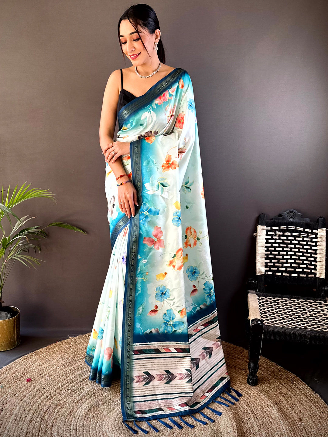 Powder Blue Floral Digital Print Silk Saree