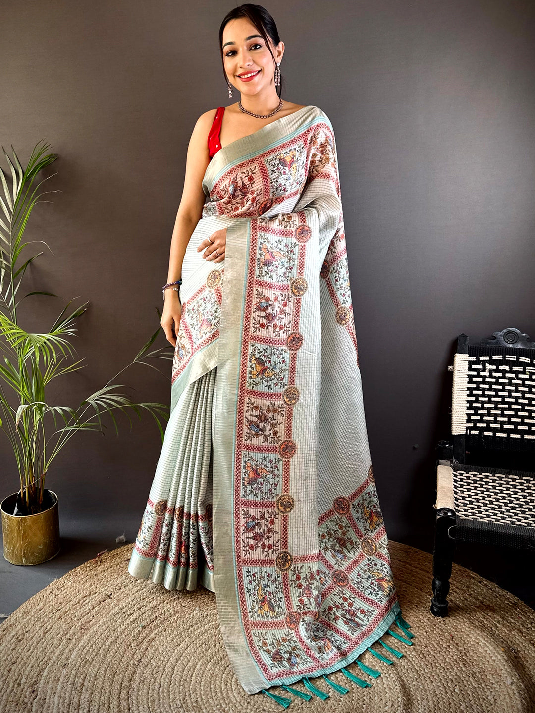 Graceful Mint Green Soft Silk Chex Saree