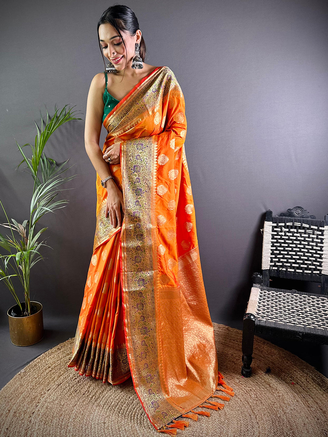 Orange Banasari Silk Saree With Zari Weaving