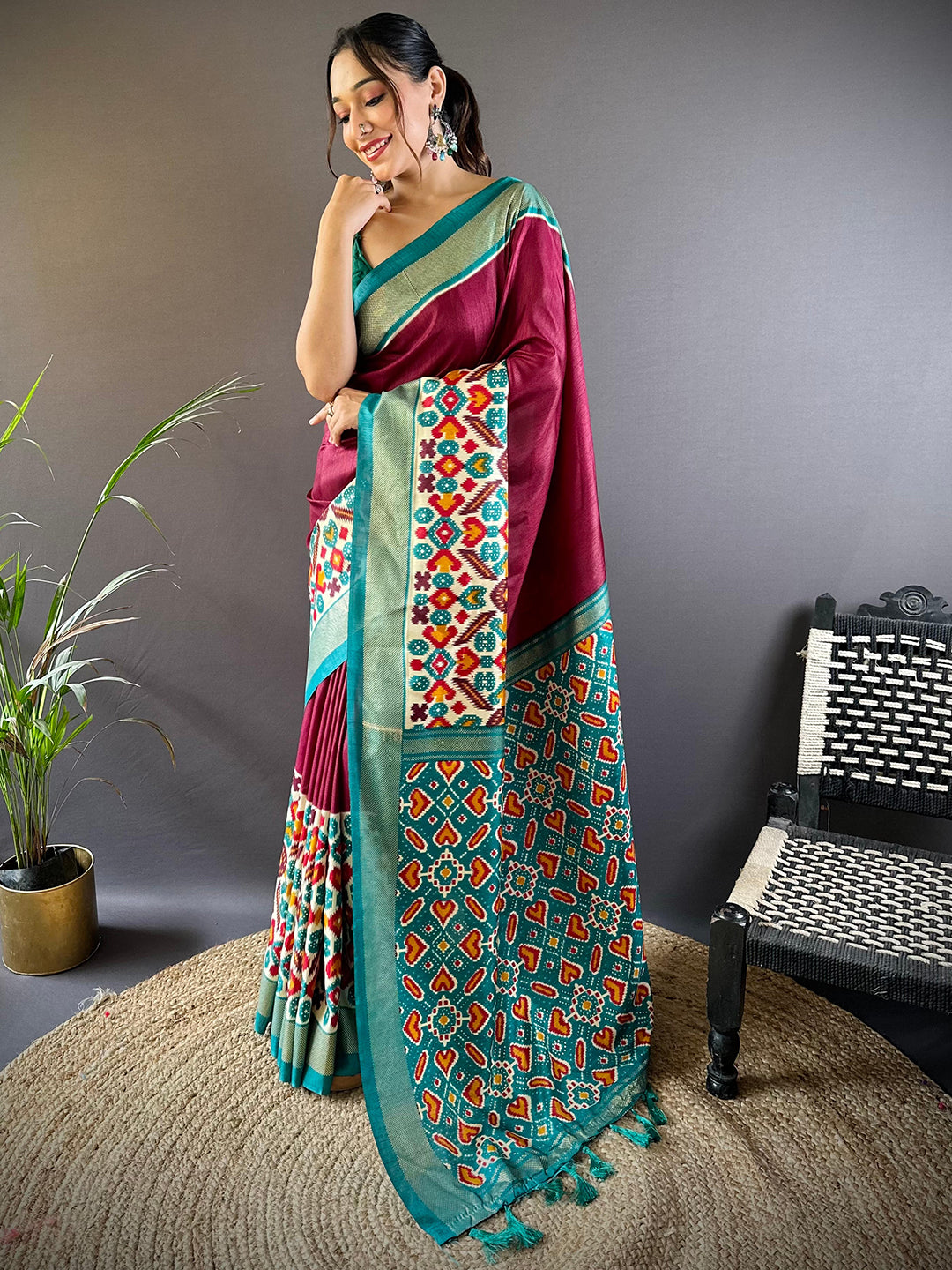 Maroon Patola Print Chanderi Saree